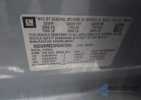 2015 Chevrolet Silverado 1500 1Lt from USA, damaged, VIN 3GCUKREC2FG487256